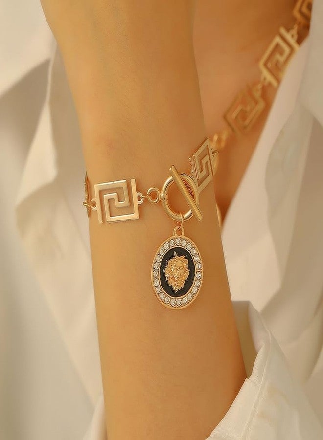sunglnl Gold Necklace Set For Women, 14k Gold-Plated Necklaces Bracelet And Earrings With Cubic Zirconia Lion Pendant Luxurious Metallic Style Jewelry Gift (gold-lion) - Image 3